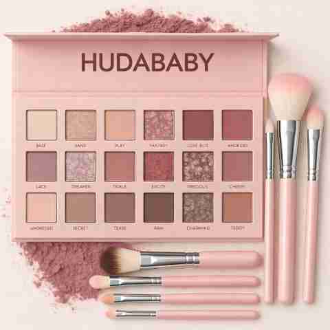 HUDA BABY 18-Color Eyeshadow Palette & 7 Pink Brushes, Nude Edition - Image 5