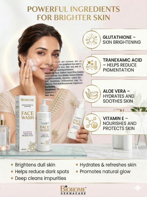 natural glutathione face wash benefits Biorome with Glutathione, Tranexamic Acid, Aloe Vera & Vitamin E | Skin Brightening & Deep Cleansing | Spot Removal and Detan I Suitable for All Skin Types Pack:3 x 75 gm