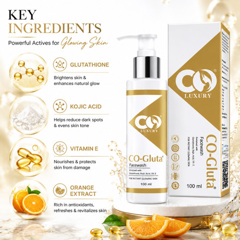 Co Luxury Glutathione with Kojic Acid, Anti Pigmentation, Safe Skin Brightening & Glowing Face Wash