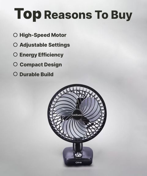 unleash CRYO | 230 MM | HIGH SPEED | 9 INCH | TABLE FAN | FOR HOME with 1 Year Warranty Energy Saving 230 mm Table Fan (Black | Pack of 1) - Image 5