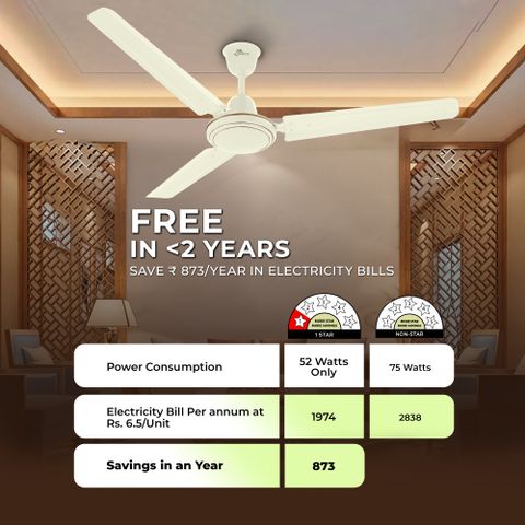 RR Josh Eco Star-rated BEE Certified Energy Efficient 52-Watt High Speed with 2 Year Warranty Energy Saving 1200 mm Ceiling Fan (1 Star | Ivory | Pack of 1) - Image 8