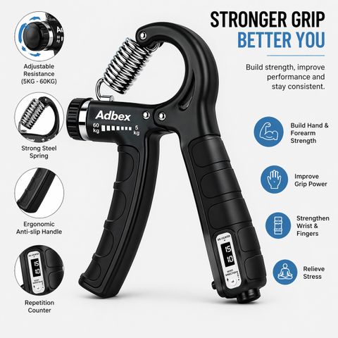 adbex Adjustable Hand Gripper with Counter | Grip Strengthener 5-60kg Hand Grip/Fitness Grip (Black) - Image 6