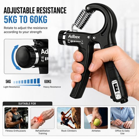 adbex Adjustable Hand Gripper with Counter | Grip Strengthener 5-60kg Hand Grip/Fitness Grip (Black) - Image 7
