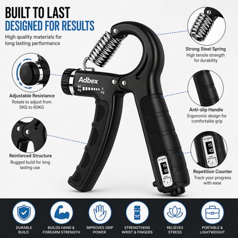 adbex Adjustable Hand Gripper with Counter | Grip Strengthener 5-60kg Hand Grip/Fitness Grip (Black) - Image 8