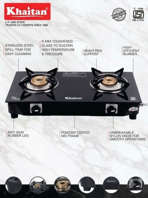 Khaitan 2 Burner BP-NANO MS Black Toughenend Glass Manual Gas Stove (2 Burners) - Image 8