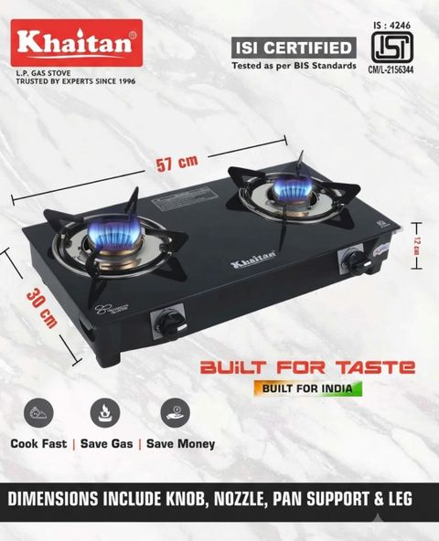 Khaitan 2 Burner BP-NANO MS Black Toughenend Glass Manual Gas Stove (2 Burners) - Image 6