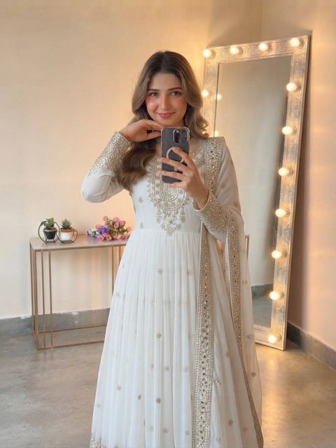 RASUTAKSHVI Embroidered Georgette Anarkali Gown (White) - Image 3
