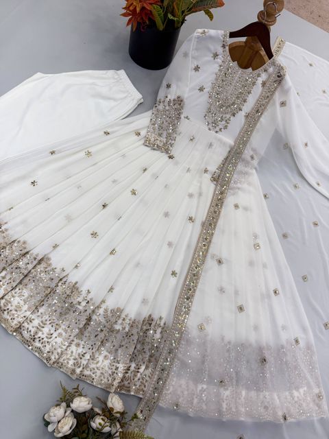 RASUTAKSHVI Embroidered Georgette Anarkali Gown (White) - Image 6