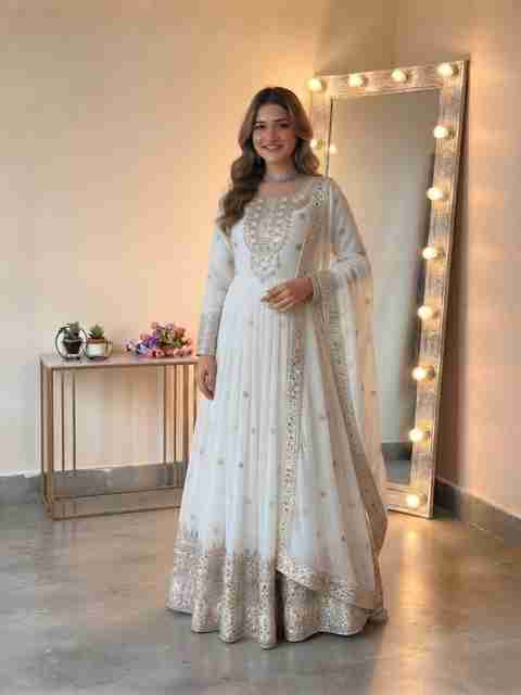 RASUTAKSHVI Embroidered Georgette Anarkali Gown (White) - Image 2