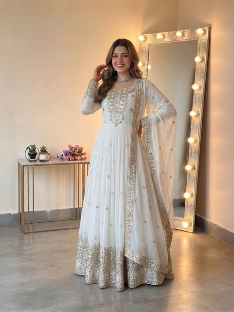 RASUTAKSHVI Embroidered Georgette Anarkali Gown (White) - Image 4