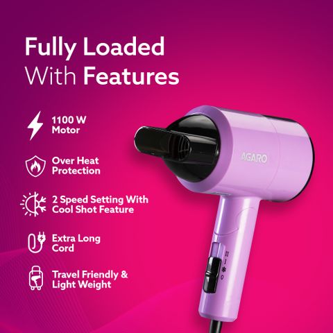 AGARO HD-1211 Foldable Hair Dryer, 1100W, Purple - Image 8
