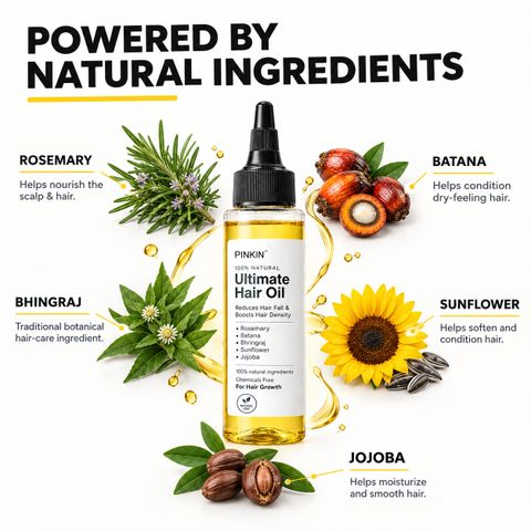 PINKIN Ultimate Hair Oil | Bhringraj,Rosemary,Batana,Sunflower & Jojoba | Nourishing | Hair Oil (200 ml) - Image 4