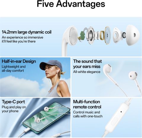 OPPO Type-C Half-in-Ear Wired Earbuds(MH136), 14.2mm Dynamic Coil Wired Headset (White, In the Ear) - Image 4