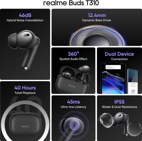 realme Buds T310 True Wireless Earbuds, Vibrant Black - Image 6