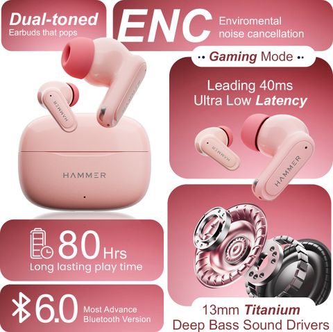 Hammer हà¥
मर Airflow Neo Bubblegum Earbuds with 80H Playtime, 13mm Driver, 40ms Gaming Mode हà¥à¤¡à¤¸à¥à¤ (à¤à¥à¤²à¤¾à¤¬à¥) - Image 6