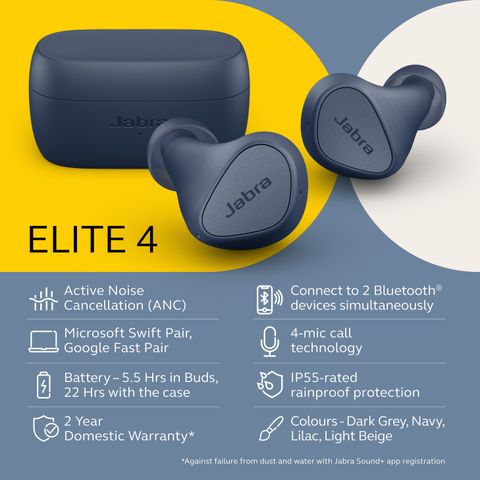 JABRA Elite 4 with Active Noise Cancellation, Multipoint, 4-mic