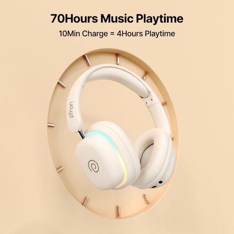 PTron Studio Xtreme w/ Dual-Device Pairing, 70Hrs Playtime, AI-ENC Calls, RGB Lights Bluetooth & Wired Headset (Beige, On the Ear) - Image 5
