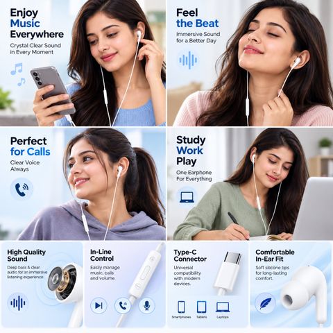 qoviq original Type-C Wired Earphones With Noise Isolation And Comfortable Design Wired Headset (White, In the Ear) - Image 8