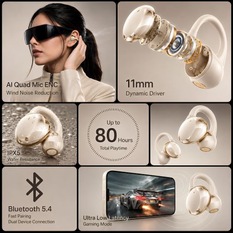 BUROX OWS Air Clips Wireless Earbuds 12mm Custom Drivers 360 Spatial Audio Quad Mic Bluetooth Headset (Gold, True Wireless) - Image 8