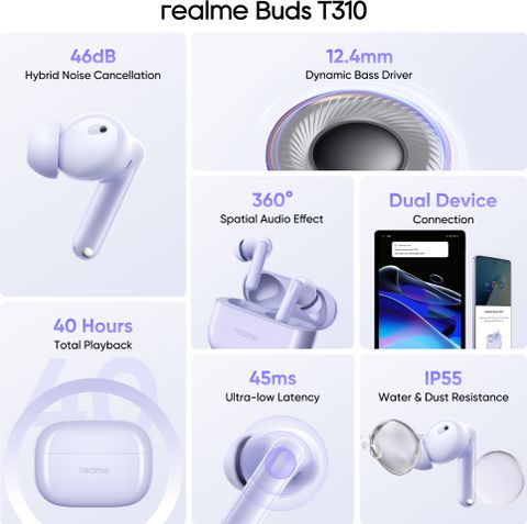 realme Buds T310 with 12.4mm Driver, 46dB ANC, Spatial Audio and upto 40 hours Playback Bluetooth Headset (Monet Purple, True Wireless) - Image 6
