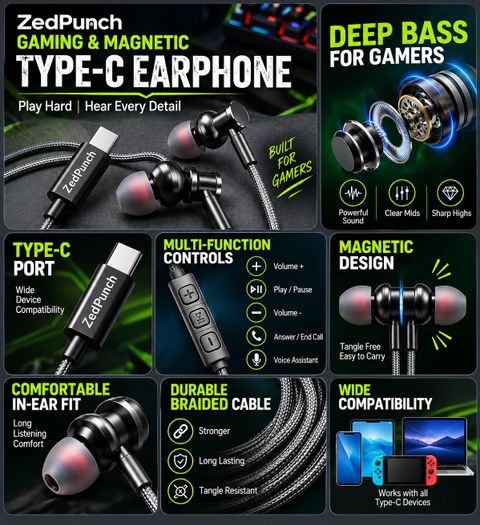 ZedPunch Type C wired earphone with mic and 3 button control magnetic USB C-Device Wired Gaming Headset (Light Grey, In the Ear) - Image 5