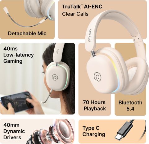 PTron Studio Xtreme w/ Dual-Device Pairing, 70Hrs Playtime, AI-ENC Calls, RGB Lights Bluetooth & Wired Headset (Beige, On the Ear) - Image 4
