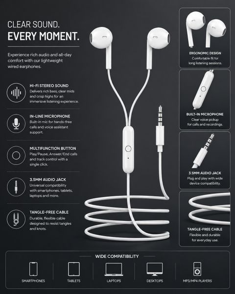XTOUCH White Wired Earphones with In-Line Microphone - Image 3