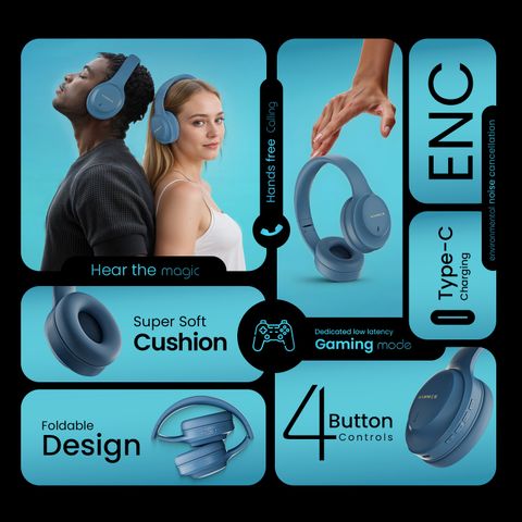 Hammer Vibe ENC Bluetooth Headphone, 40mm Driver, Dual Pairing, 50hrs Playtime Bluetooth & Wired Headset (Blue, On the Ear) - Image 6