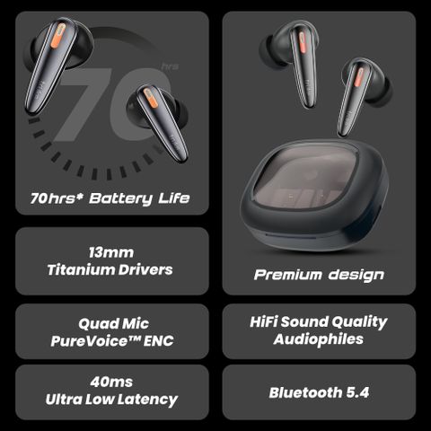 truke Crystal Bass Earbuds, 13mm Drivers, 70Hrs Playtime, MatteBlack - Image 6