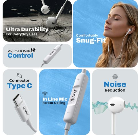 EVM Type-C Earphones [New Launch] Hi-Res Audio, Mic | Noise Isolation | Android iOS Wired Headset (White, In the Ear) - Image 5