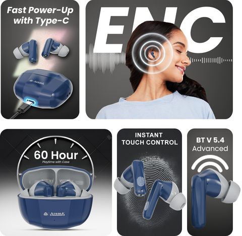Aroma TWS4 V5.4 Upto 60Hr Playtime*, ENC, Dual Paring, Fast Charging, Heavy Bass Bluetooth Headset (Midnight Blue & Grey, True Wireless) - Image 6