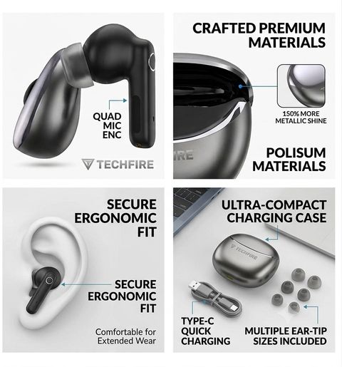 TECHFIRE Budstone TWS Earbuds Black, 40H Playtime - Image 6
