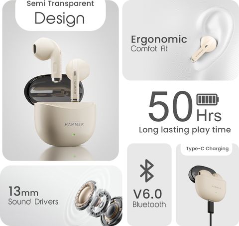 Hammer Ultra Pods TWS Earbuds Bluetooth V6.0, 50H Playtime, Beige - Image 6
