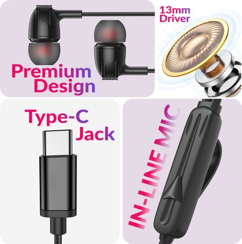 Aroma HF1002 Type C Wired Earphone With HD Quality In-Line Mic,12mm Driver Hi-Res Wired Headset (Onyx Black, In the Ear) - Image 6
