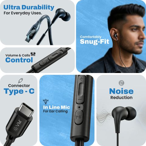 EVM Type-C Earphones [New Launch] Hi-Res Audio, Mic | Noise Isolation | Android iOS Wired Headset (Black, In the Ear) - Image 3