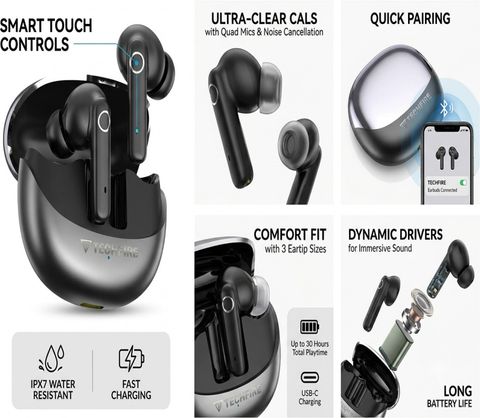 TECHFIRE Budstone TWS Earbuds Black, 40H Playtime - Image 4