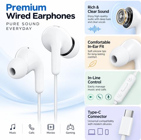 qoviq original Type-C Wired Earphones With Noise Isolation And Comfortable Design Wired Headset (White, In the Ear) - Image 5