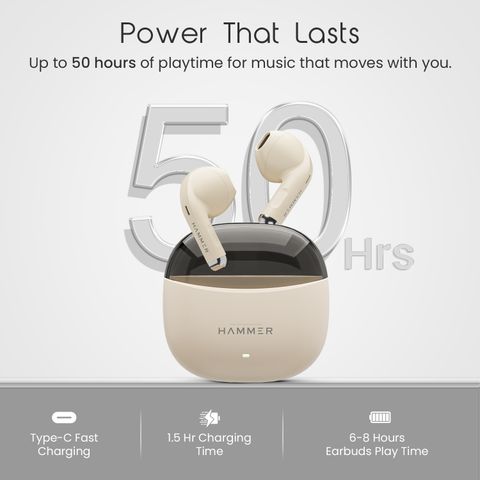 Hammer Ultra Pods TWS Earbuds Bluetooth V6.0, 50H Playtime, Beige - Image 8