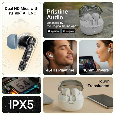 PTron Bassbuds Indie TWS Earbuds with AI-ENC, 45hr Battery (White) - Image 6