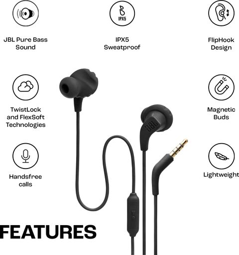 JBL Endurance Run 2 with Fliphook & TwistLock Technology, Pure Bass, IPX5 Sweatproof Wired Headset (Black, In the Ear) - Image 3