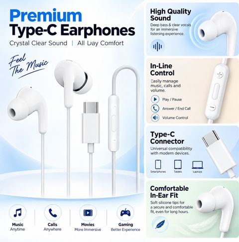 qoviq original Type-C Wired Earphones With Noise Isolation And Comfortable Design Wired Headset (White, In the Ear) - Image 4