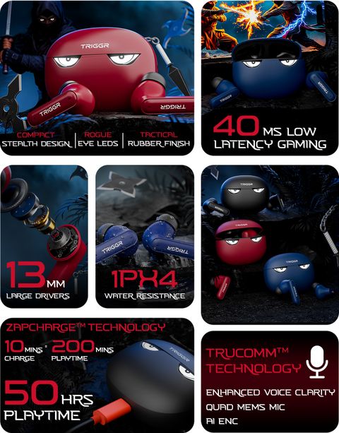 TRIGGR Kraken X5 with 50H Battery, BT v6.0, 40 ms Low Latency, 4-Mic ENC, Rapid Pairing Bluetooth Headset (Cyber Black, True Wireless) - Image 3
