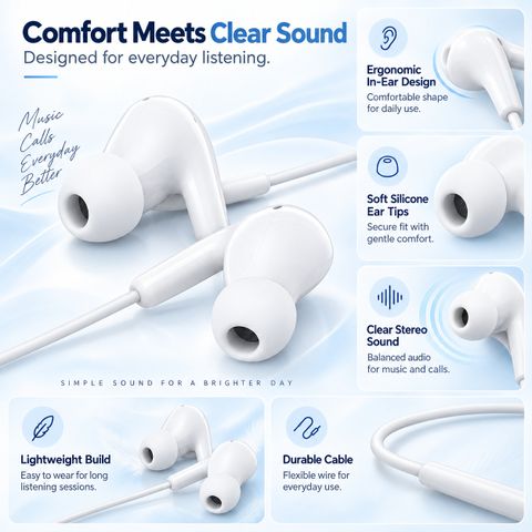 qoviq original Type-C Wired Earphones With Noise Isolation And Comfortable Design Wired Headset (White, In the Ear) - Image 6