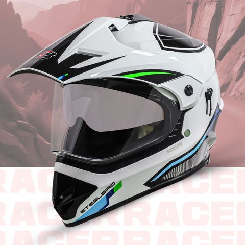 Steelbird Racer Off Road ISI Certified Motocross Double Visor Full Face Graphic Motorbike Helmet (Glossy White Green) - Image 6