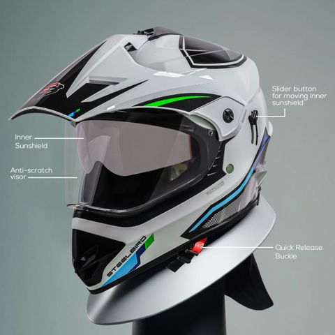 Steelbird Racer Off Road ISI Certified Motocross Double Visor Full Face Graphic Motorbike Helmet (Glossy White Green) - Image 4