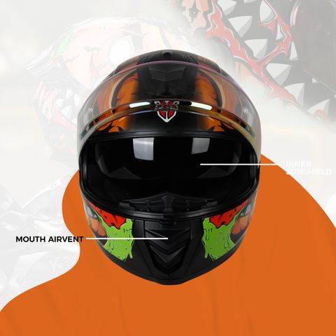 IGNYTE IGN-8 Pumpkin ISI/DOT Certified Full Face Graphic Helmet with Inner Sun Shield Motorbike Helmet (Matt Black Orange with Red Spoiler) - Image 6