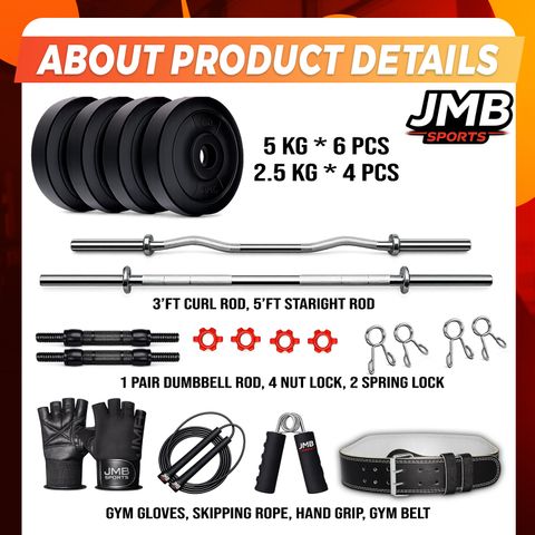JMB 40 kg 5ft straight rod+3ft curl rod, dumbbell rod,PVC plates,gym belt+accessories Home Gym Combo - Image 4