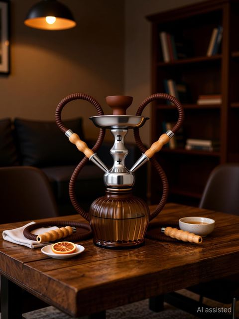 Al-Sheesh Qt Econo Dual hose pipe 5 metre hose leather made 12 inch Aluminium, Glass Hookah (Brown) - Image 3