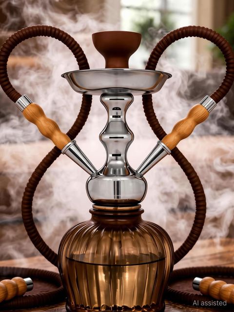 Al-Sheesh Qt Econo Dual hose pipe 5 metre hose leather made 12 inch Aluminium, Glass Hookah (Brown) - Image 4