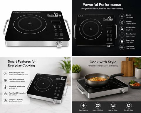 PRIDE SURYA 2500W Infrared Cooktop, Jog Dial, Black - Image 6